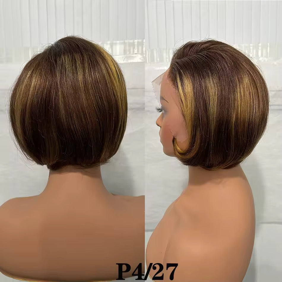 Pixie Cut Bob Wig – 13x4 Lace Frontal Human Virgin Hair Highlight Ombre Blonde