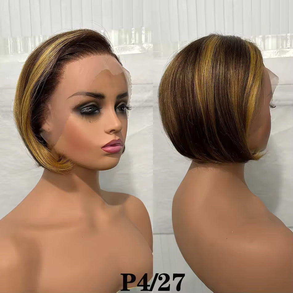 Pixie Cut Bob Wig – 13x4 Lace Frontal Human Virgin Hair Highlight Ombre Blonde