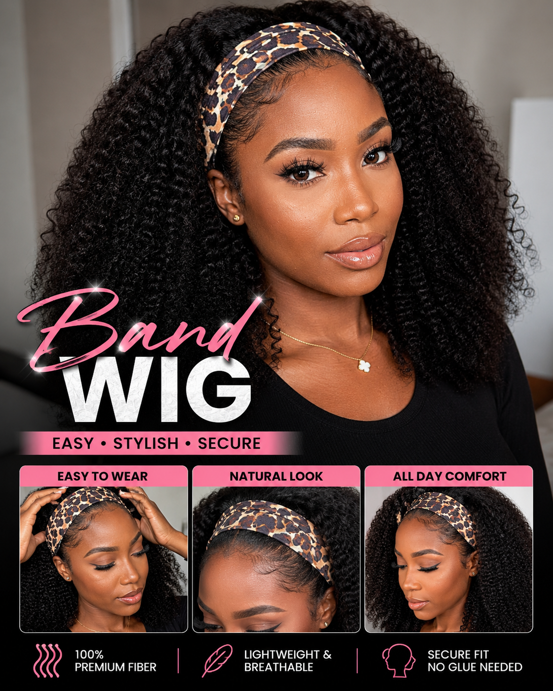Kinky curls band wig 100% human hair